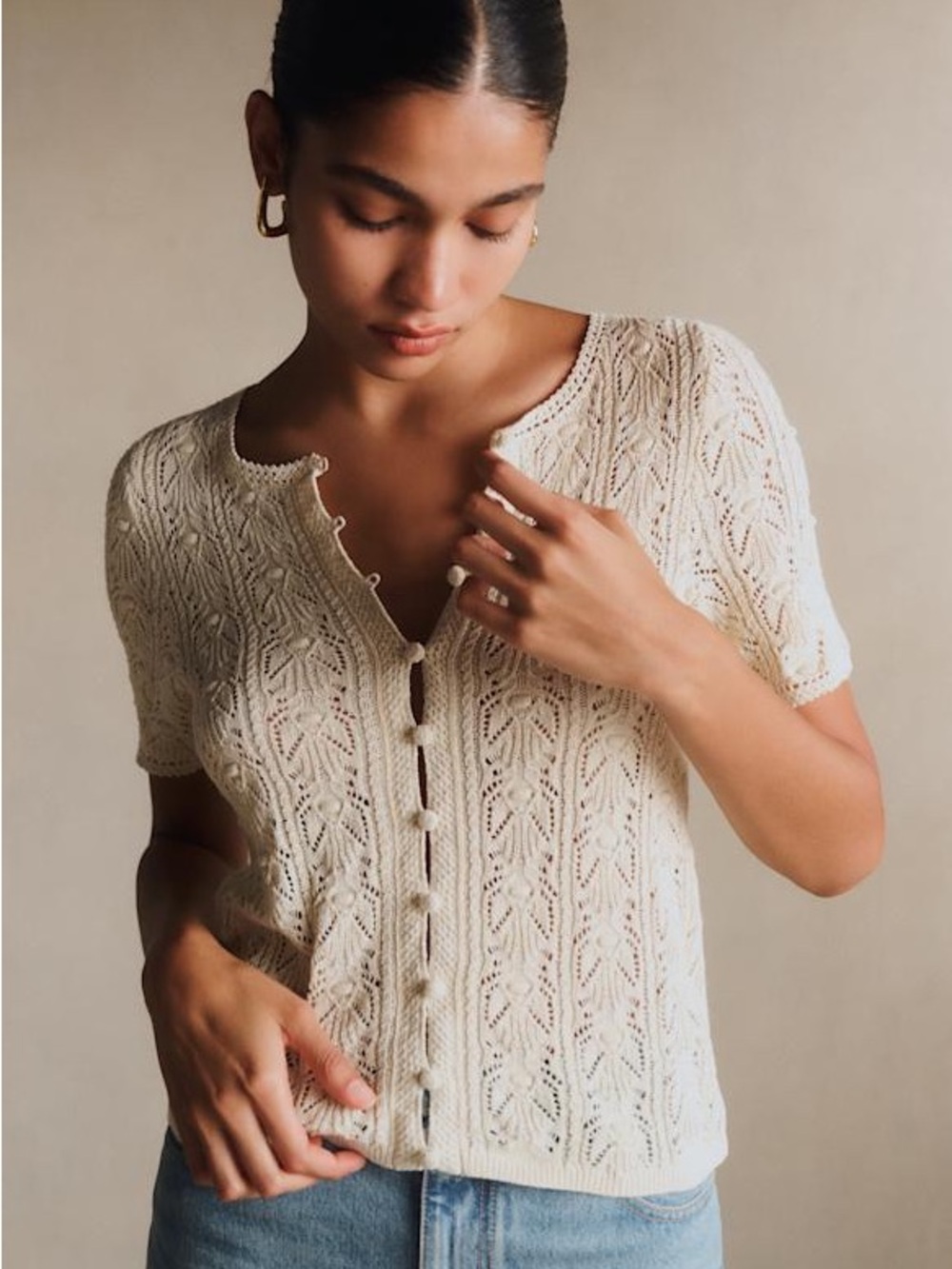 Sezane Milane Top in Cream Crochet Knit Lace Button-Front Top Small Coastal